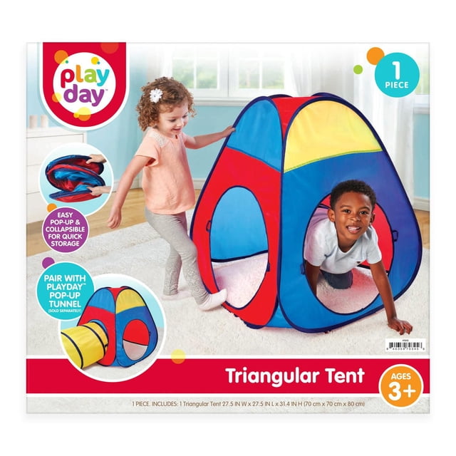 Play Day Triangular Tent, a multicolour pop up kids play tent with red, blue, and yellow fabric panels and two circular openings, set up indoors on a white carpet with a child crawling inside and another standing nearby, designed for ages 3 and up with easy pop-up assembly and collapsible storage, ideal for active imaginative play and compatible with the Play Day pop-up tunnel sold separately.