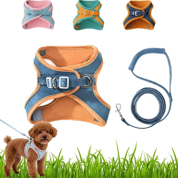 Escape-Proof Step-in Cat Harness and Leash Set Breathable Soft Adjustable Vest with Reflective Strips Double Buckle Blue Orange XL