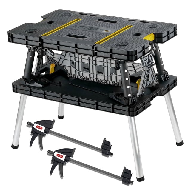 Keter 197283 Banc de Travail Pliant en Noir et Jaune avec Pattes en Aluminium, Conçu pour les Supports de Scie à Mitres et les Outils de Menuiserie. Comprend Deux Pinces de 12 Pouces pour Fixer les Matériaux. Fait de Polypropylène Résistant aux Intempéries et de Résine Robuste, d'Une Capacité de 1 000 Livres. Présente une Conception Pliable pour un Rangement et une Portabilité Faciles, avec des dimensions de 33,5 x 21,7 x 29,7 Pouces.