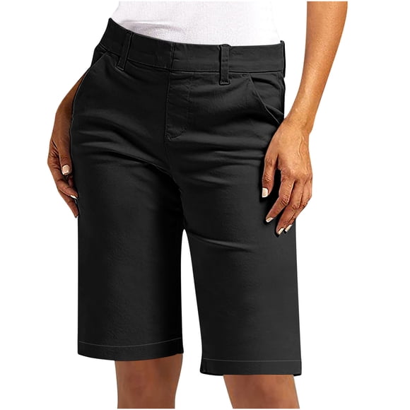 Moxiu Chino Bermuda Shorts for Women Summer Trendy Pull On Knee Length High Waisted Comfy Stretchy Long Walking Shorts 2025 Black,XXL
