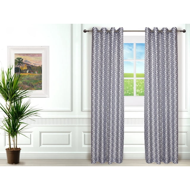 Gouchee Design Maze Lined Panel with two charcoal and white faux silk curtains featuring a grey circular fret pattern, fully lined with microfiber for room darkening, each panel measuring 54 by 96 inches, hanging on a metal rod with eight silver grommets, displayed in a white room with a window showing a green field and blue sky.