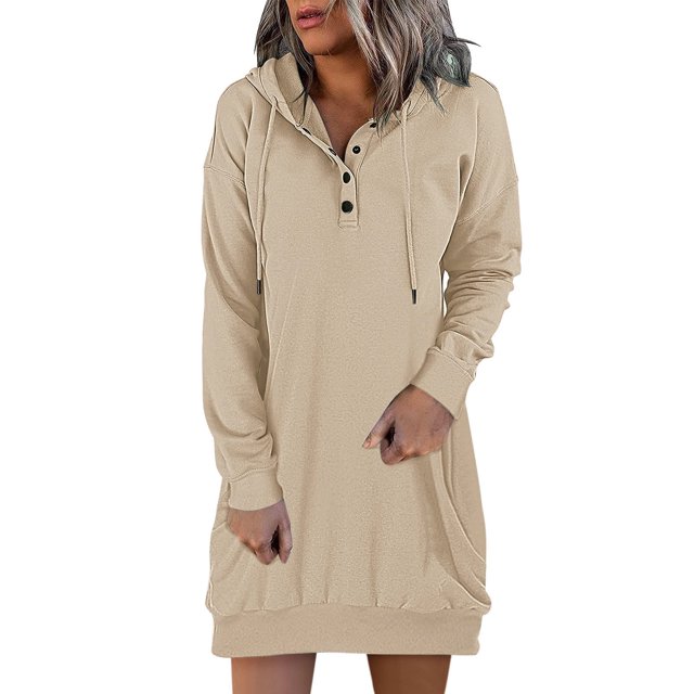 Robes pour Femmes Décontractées à Capuche Manches Longues Chandail en Molleton Boutonné Robe d'Été Beige m