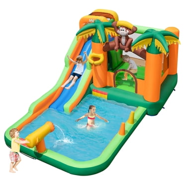 Gymax Glissoire Aquatique Gonflable Parc Monkey Maison de Rebond Éclaboussure Piscine Sans Souffleur