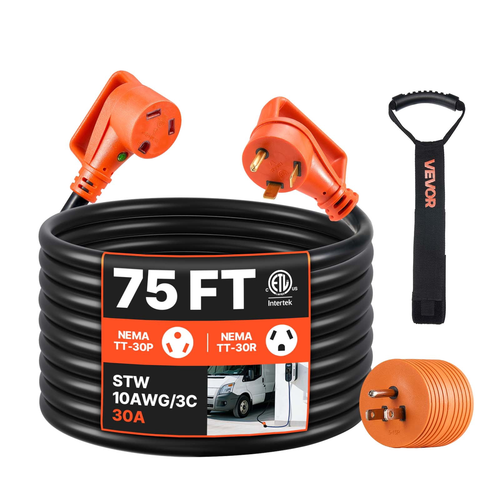 VEVOR 75 FT 30A RV Extension Cord STW 10AWG/3 Wire NEMA TT-30P NEMA TT-30R ETL Listed
