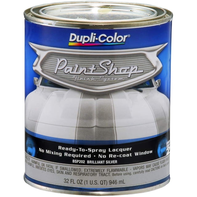 Dupli-Color BSP212 Paint Shop Finish System Base Coat in Molten Red Metallic, a 32 oz. automotive paint can with a lacquer finish designed for ready-to-spray application. The label highlights the Dupli-Color logo, no mixing required, and no re-coat window.