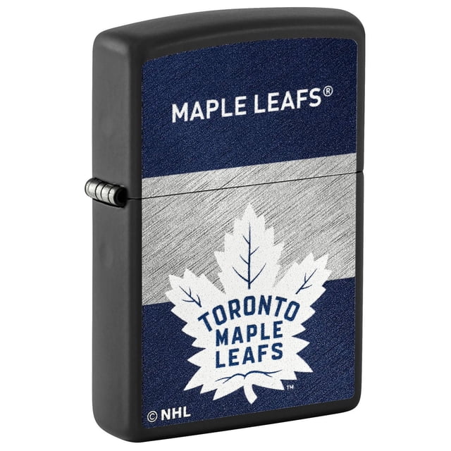 Zippo NHL 218 Toronto Maple Leafs lighter with matte black metal case and textured blue and silver front panel featuring the white Toronto Maple Leafs logo and text. Windproof and refillable, suitable for camping accessories and outdoor fire starting.