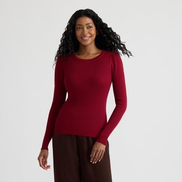 Mexx Women’s Crew Neck Rib Knit Top with Gathered Puff Sleeves