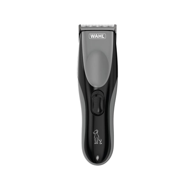 Wahl Easy Pro Dog Clipper Kit cordless dog clipper with black and gray ergonomic body, thumb grip, Wahl logo near blades, and dog silhouette icon on handle, designed for low noise grooming of fine to medium dog coats.