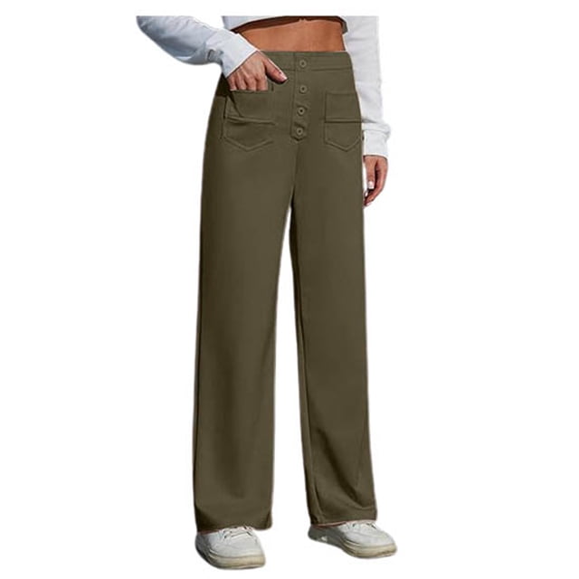 WEIYLL Women's Pants Work Straight Wide Leg Button Down High Elastic Waisted Pockets Green Pant size L