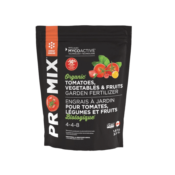 PRO-MIX Engrais de Jardin Biologique 1,5 kg pour Tomates, Légumes et Fruits 4-4-8, Rendement 50 % Plus Élevé
