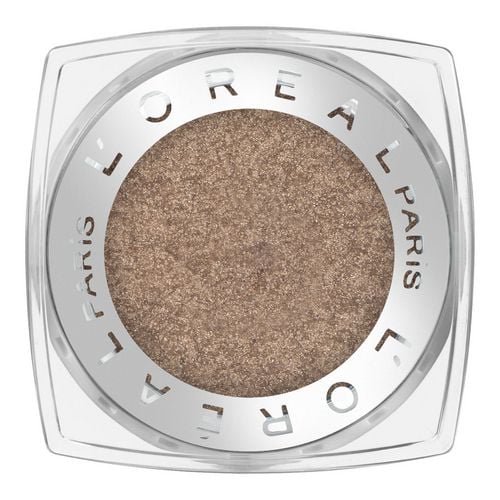 L'Oreal Paris Infaillible Eye Shadow, 3.5 GR, close-up top view of a round pan with shimmery taupe brown powder inside a clear square plastic case with silver L'Oreal Paris branding, waterproof and crease-resistant formula lasting 24 hours, ideal for long-lasting eye makeup.