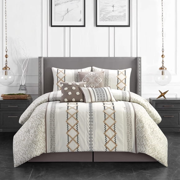 Grand Avenue Ensemble de Douillette Boho Luxueux 7 Pcs Grand Lit Beige Brodé Literie pour Filles Microfibre de Qualité Supérieure Toutes Saisons Déco Maison