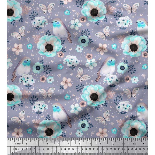 Soimoi Poly Georgette Fabric Robin,Butterfly & Anemone Floral Print Fabric by The Yard 42 Inch Wide