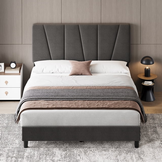 Garvee Full Size Bed Frame with Adjustable Headboard, Platform Bed Frame with Linen Upholstered, Wooden Slats Support, Noise Free, No Box Spring Needed, Easy Assembly, Gray