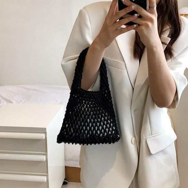 Cotton Thread Handbags Straw Woven Hollow Net Shopping Beach Vacation Purses