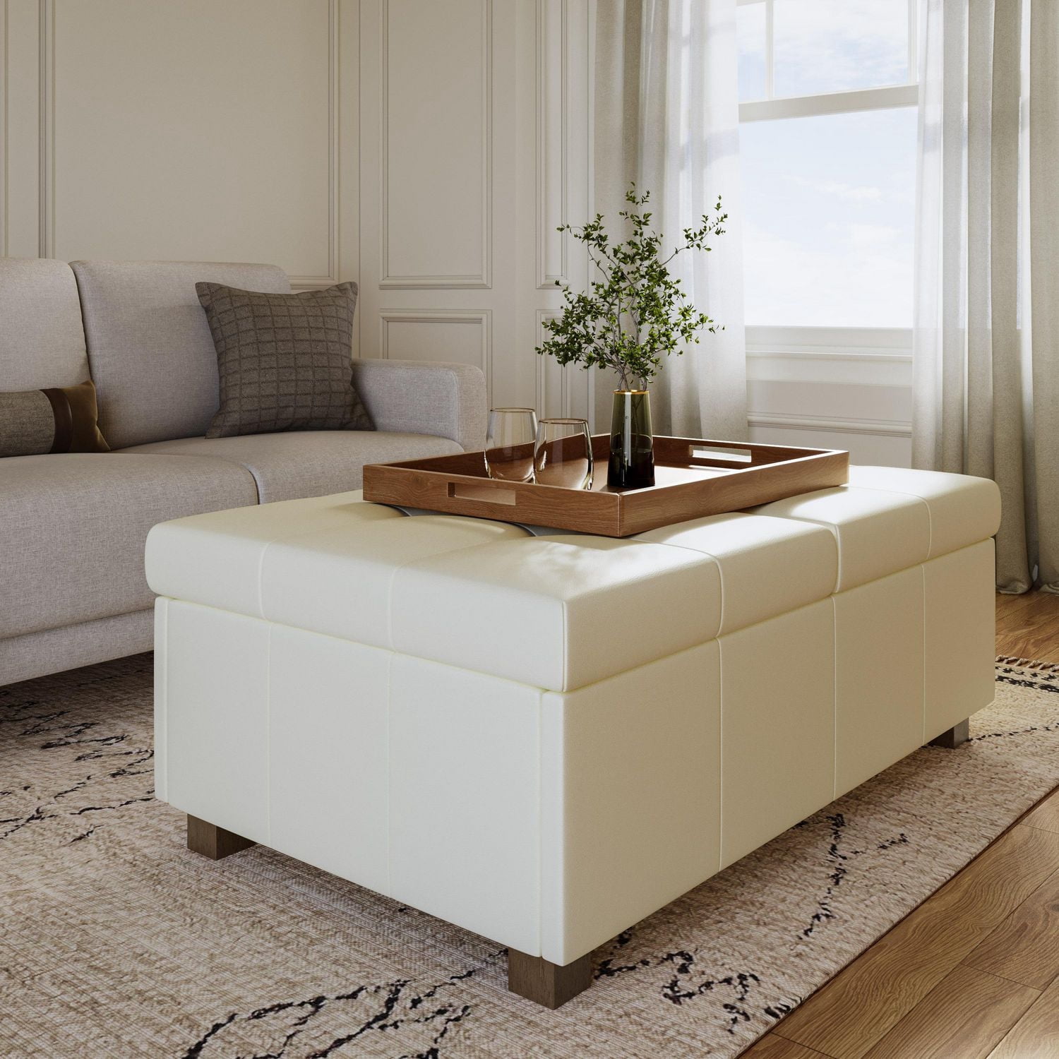 Pouf de rangement double de luxe CorLiving Antonio en similicuir de qualité supérieure avec pieds en bois