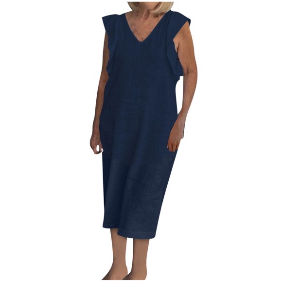 fatyb Casual Dresses for Women V Neck Lightweight Long Dresses Ruffle Short Sleeve Tie Back Summer Dresses