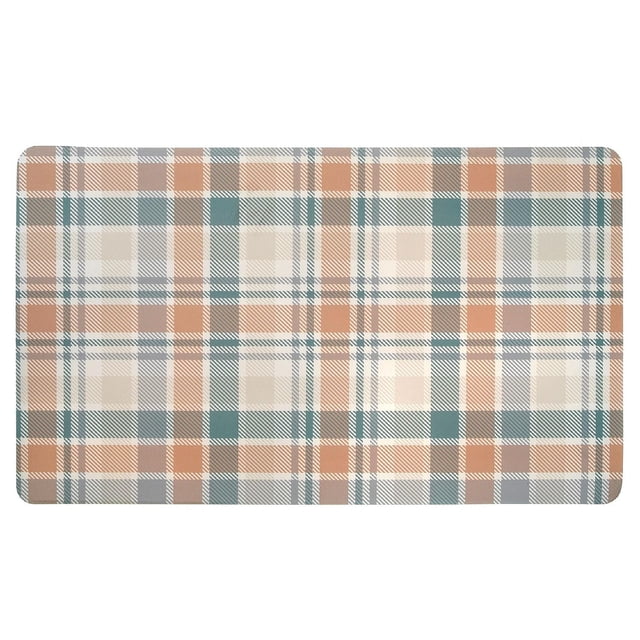 Memory Foam Floor Mat Peachy Cream Plaid rectangular mat featuring a peach, cream, and muted teal plaid pattern. Made of memory foam, measuring 18 by 30 inches, ideal for kitchen, bathroom, or hallway floors to protect from spills and dirt. Machine washable for easy care.