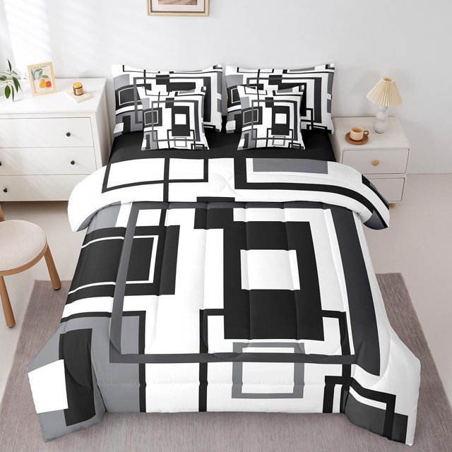 YST Black White And Grey Comforter Set 7 Piece King For Adults Men,Abstract Geometric Bedding Set Geometry Square Striped Bed In A Bag Simple Lines Bed Set Modern Bedroom Decor