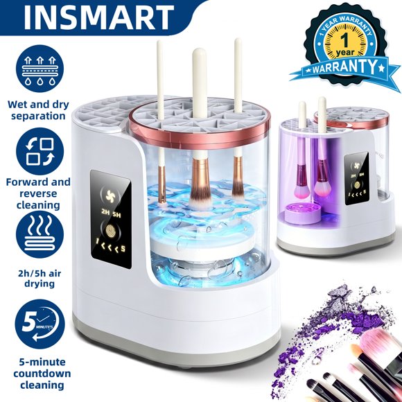 INSMART Makeup Brush Cleaner , 3 IN 1 Makeup Brush Cleaner Machine with Dual-Direction Cleaning, 2H/5H Dryer Timer, Detachable Wash Tank, Touch Control, and 5-Min Quick Wash