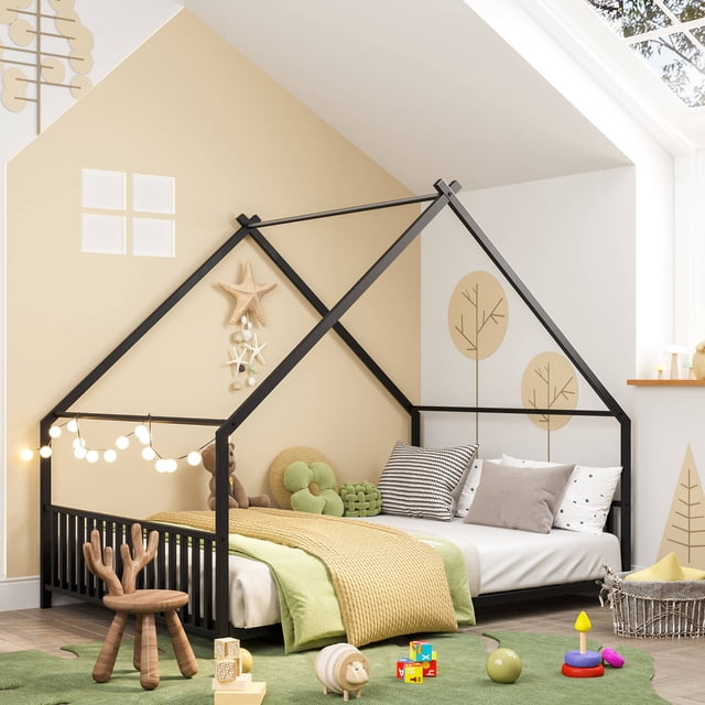 GUNAITO Full Size House Bed with Safety Rails & Decorable Roof, Black