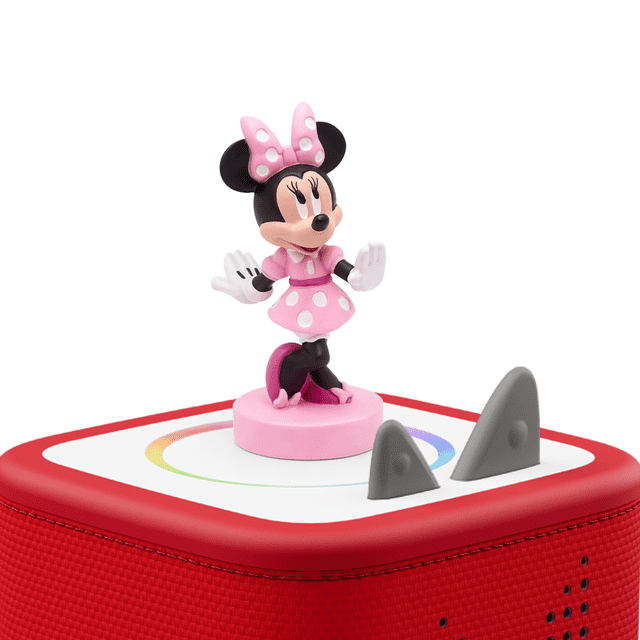 Tonies Disney Minnie Mouse Figurine Audio Mettant en Vedette Minnie Mouse en Robe à Pois Roses et Nœud sur une base Rose, Placée sur un Haut-Parleur Toniebox Rouge avec Dessus Blanc et Oreilles Grises, Conçue pour un Divertissement Audio Éducatif Sans Écran pour les Enfants de 3 Ans et Plus.