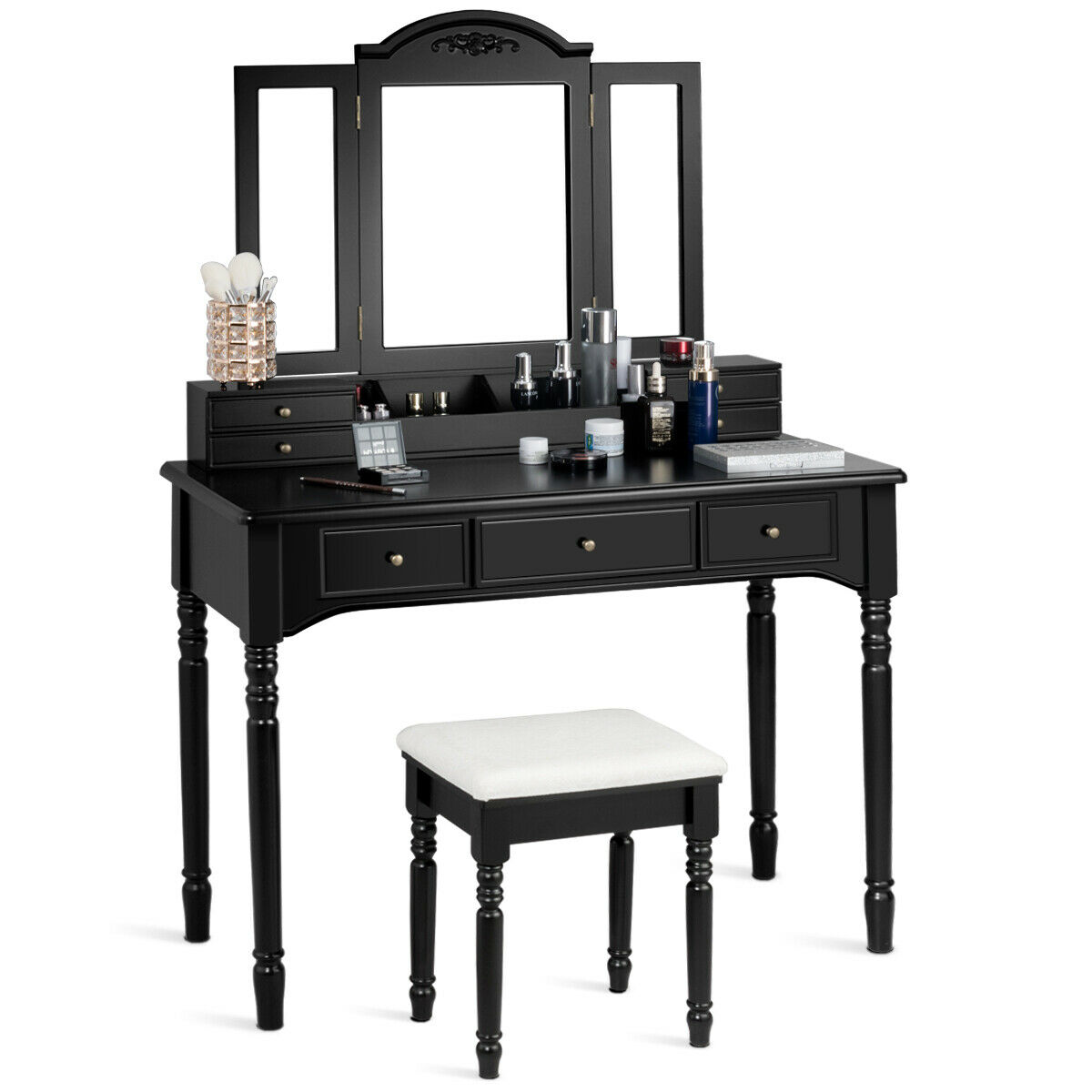Gymax Vanity Set W/7 Drawers Tri-Folding Necklace Hooked Mirror Dressing Table Black