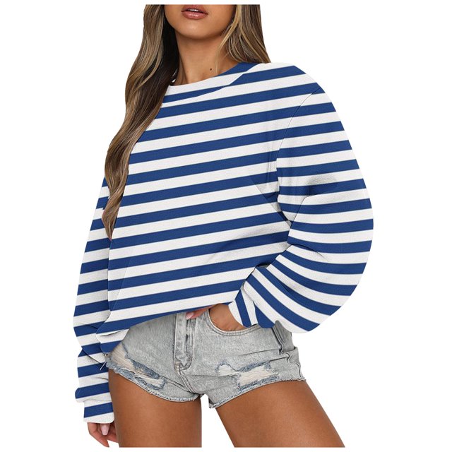 Rbaofujie Chandails pour Femmes Automne Femmes Rayé Décontracté Imprimé Col Rond Manches Longues Haut Chandails Amples Bleu Chandail à Capuchon pour Filles