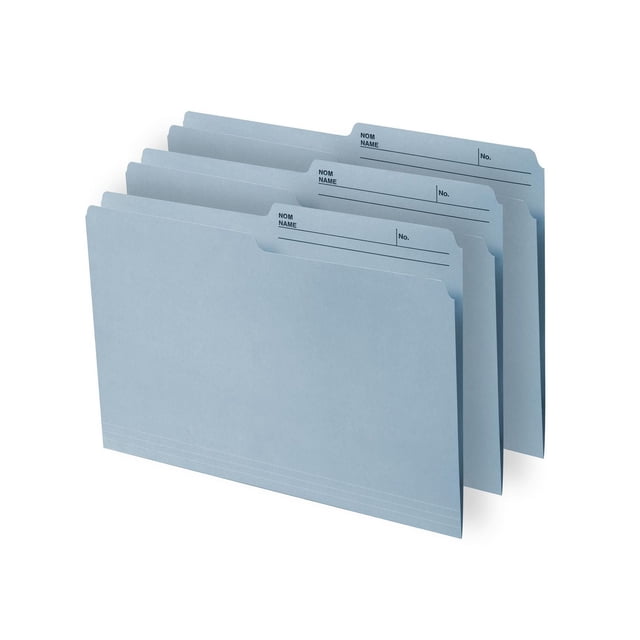 Continental Letter size File Folders in teal colour, 12 count, shown in a staggered arrangement with half-cut reversible tabs labeled for name and number. Made from 100% post-consumer recycled material with three horizontal fold lines at the bottom for tidy handling of bulky documents, suitable for office filing and desk organization.