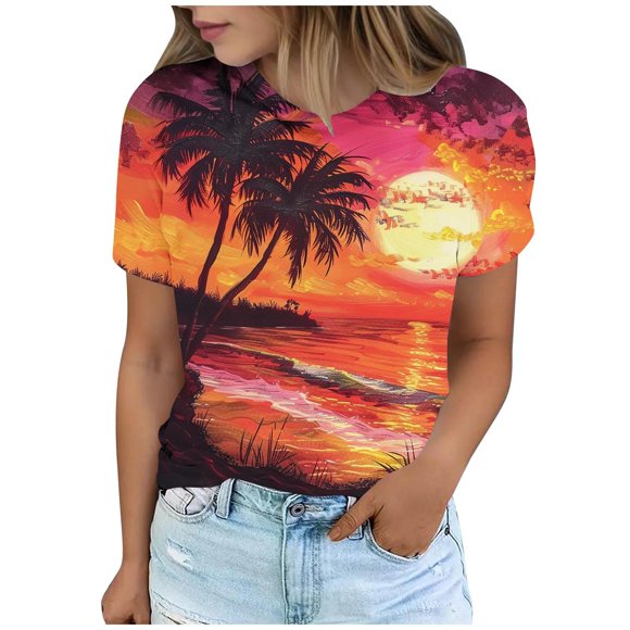 Tnhcen T-Shirts à Col Rond Imprimés pour Femmes pour Vacances d'Été / Blouses Style Villégiature Décontracté P-3TG / Hauts de Vacances en Mélange Polyester Spandex