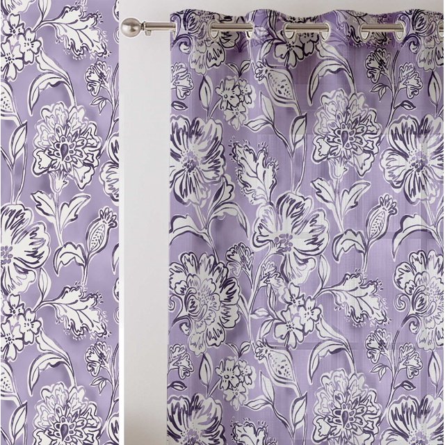 Vargottam Purple Floral Pattern Sheer Curtains for Short Windows - Set of 2 Panels, 63", Grommet Top, Printed Georgette, Light Filtering Drapes for Kitchen or Bedroom