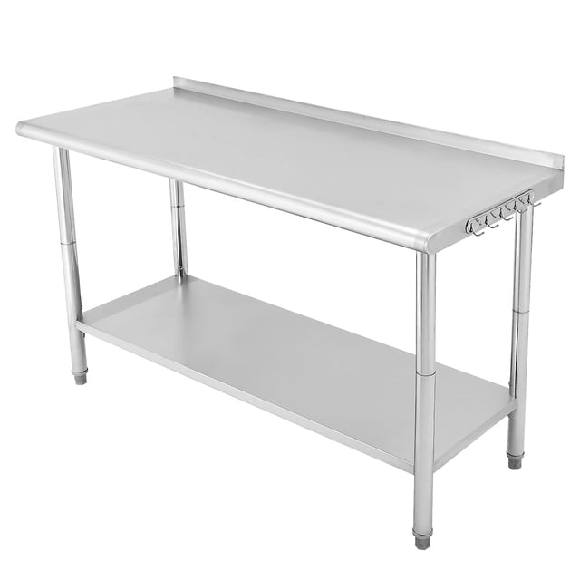 Superior NSF Stainless Steel Work Table - 60x24x35 Inch - Adjustable Undershelf, Heavy Duty, Rear Baffle, 5 Hooks, Curved Edge, For Kitchen, Home, Brewing