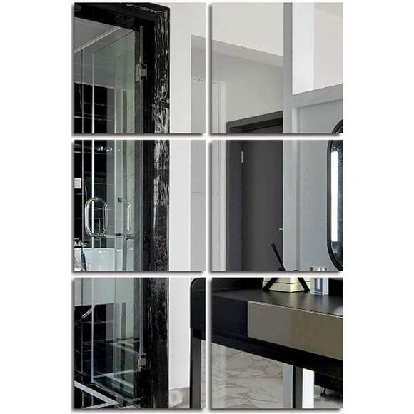 Interior Decoration Glass Mirror Tiles, Acrylic Self Adhesive Gym Mirrors For Full Length Mirror Tiles, Set Of 6, Silver, 20X20Cm, High Definition Imaging With Protective Film