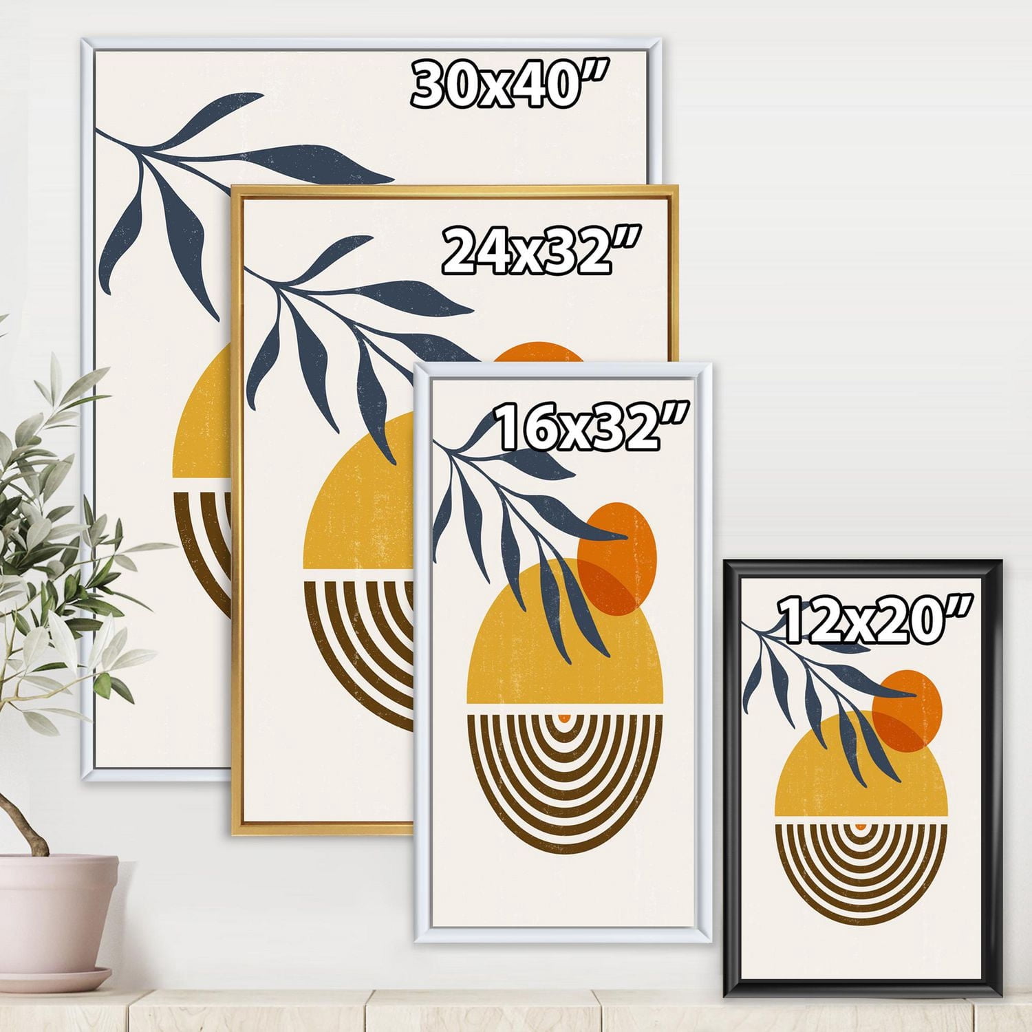 Designart Botanical Minimalist Leaf With Abstract Shapes IV FLOAT FRAME WALL ART