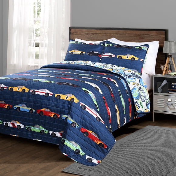 Lush Decor Lush Décor, Navy Race Car Kids' 2-Piece Quilt, Reversible Bedding Set for Boys (Twin)