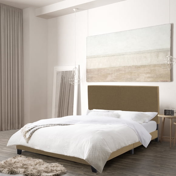 CorLiving Juniper Fabric Upholstered Adult Queen Platform Bed Frame with Slats and Headboard, No Box Spring Required, Clay Brown