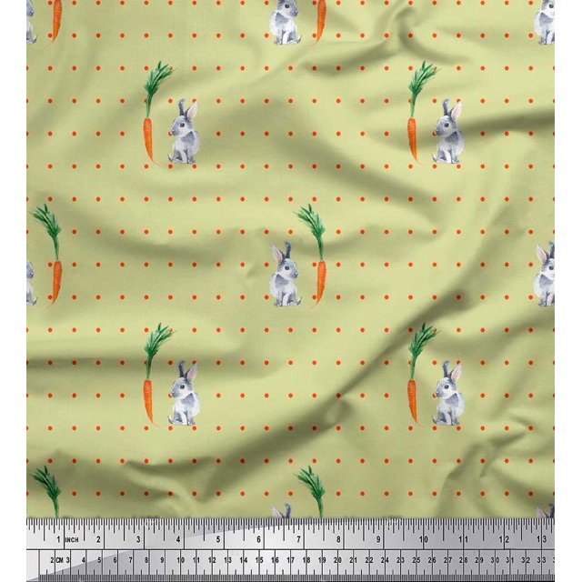 Soimoi Silk Fabric Carrot & Rabbit Dots Print Fabric by the Yard 42 Inch Wide