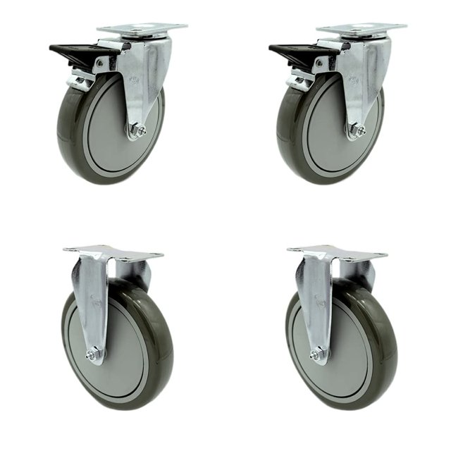 Ensemble de 4 Plaques Supérieures Pivotantes en Polyuréthane Caster avec Roues Grises de 6 Pouces - Comprend 2 Pivots avec Freins à Verrouillage Posi et 2 Rigides - Capacité Totale de 1400 Lb - Marque Service Caster