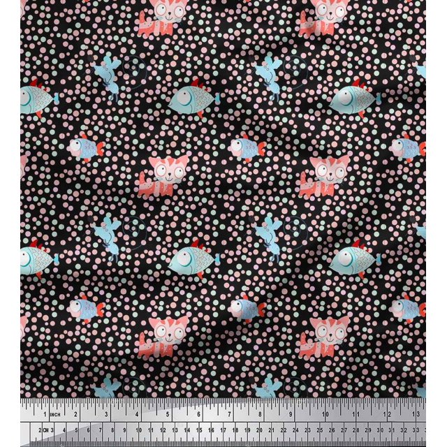 Soimoi Velvet Fabric Dot,Fish & Cat Kids Print Fabric by Yard 58 Inch Wide