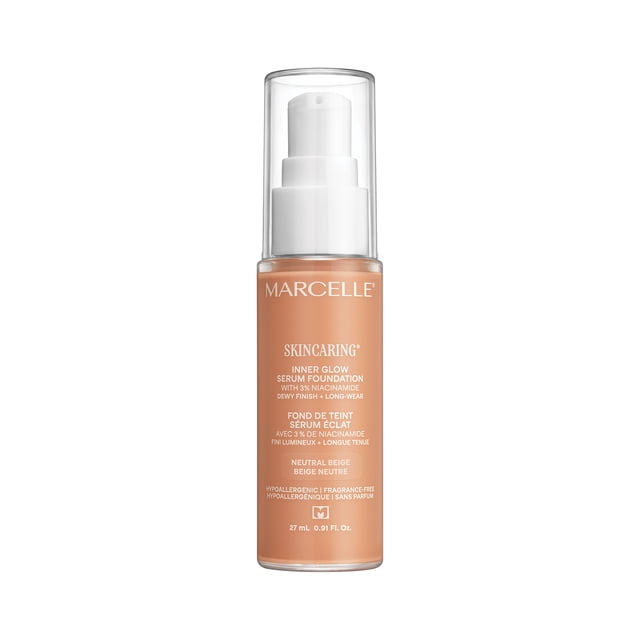 Marcelle Skin Caring Serum Fond de Teint Beige Neutre dans une Bouteille à Pompe Transparente avec Distributeur Blanc, Contenant 27 ml de Fond de Teint Serum Ultraléger Offrant une Couvrance Modulable et Naturelle de Type Peau avec une Finition Rosée, Enrichi de 3 % de niacinamide pour Hydrater, Illuminer, Lisser la texture et Réduire les pores, Convient aux Peaux Sensibles.
