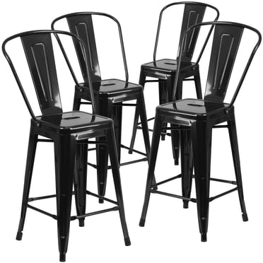 Commercial Grade 4 Pack 24" High Black Metal Indoor-Outdoor Counter Height Stool with Back