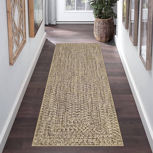 YUSAZENS 2'x6' Braided Print Runner Rug, Machine Washable Non-Slip Low Pile Carpet for Kitchen, Entryway, Hallway, Bedroom, Light Yellow