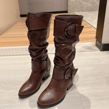 Pisexur Women Shoes Leather Face High Boots Thick Heels High Heels Belt Buckles Women's Boots Fashionable Knight Boots