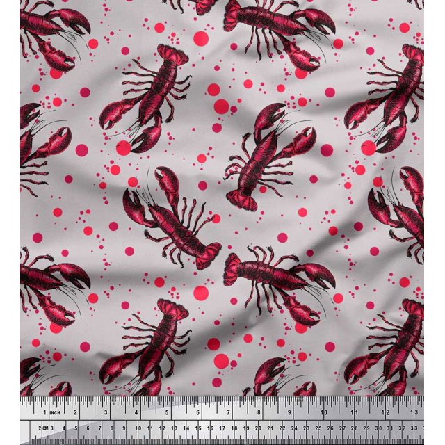 Soimoi Polyester Crepe Fabric Dot & Lobster Ocean Print Sewing Fabric Yard 52 Inch Wide