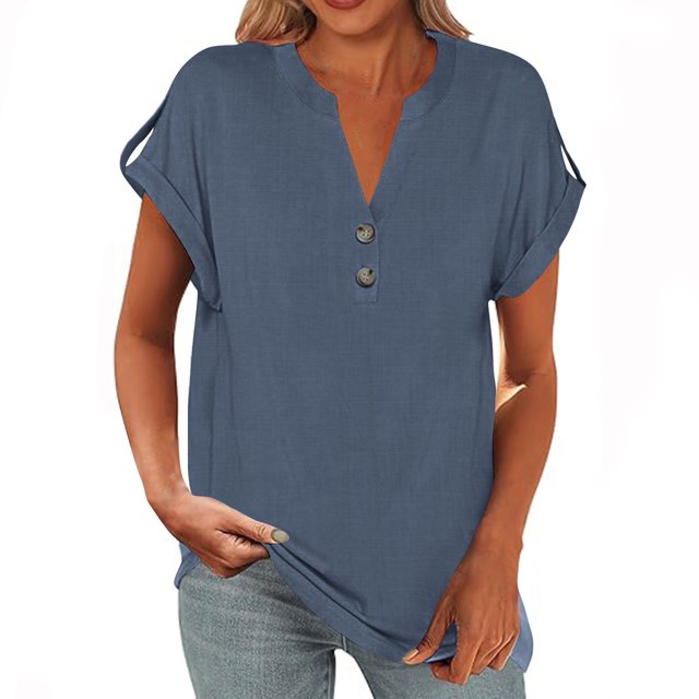 Yuyuzo Womens T Shirts Cap Sleeve Tops Button up V Neck Top Solid Color Basic Summer Tees Tops