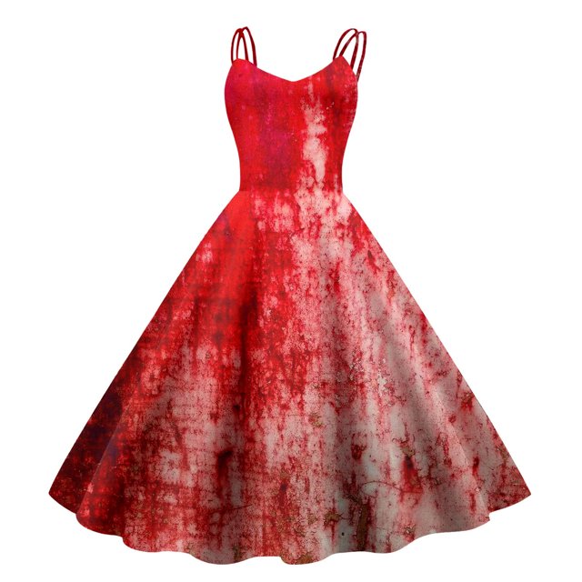 Rinsvye Robe Rétro d'Halloween pour Femmes, Robes d'Automne pour Femmes, Imprimé Amusant, à Bretelles, Robes Décontractées pour Femmes, Longueur Midi, Longue Robe (1)