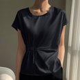 thumbnail image 2 of Plebaso Chemises Habillées pour Femmes Col Rond Manches Courtes Haut Décontracté Chemises Froncées Élégantes Blouses d'Été, 2 of 3
