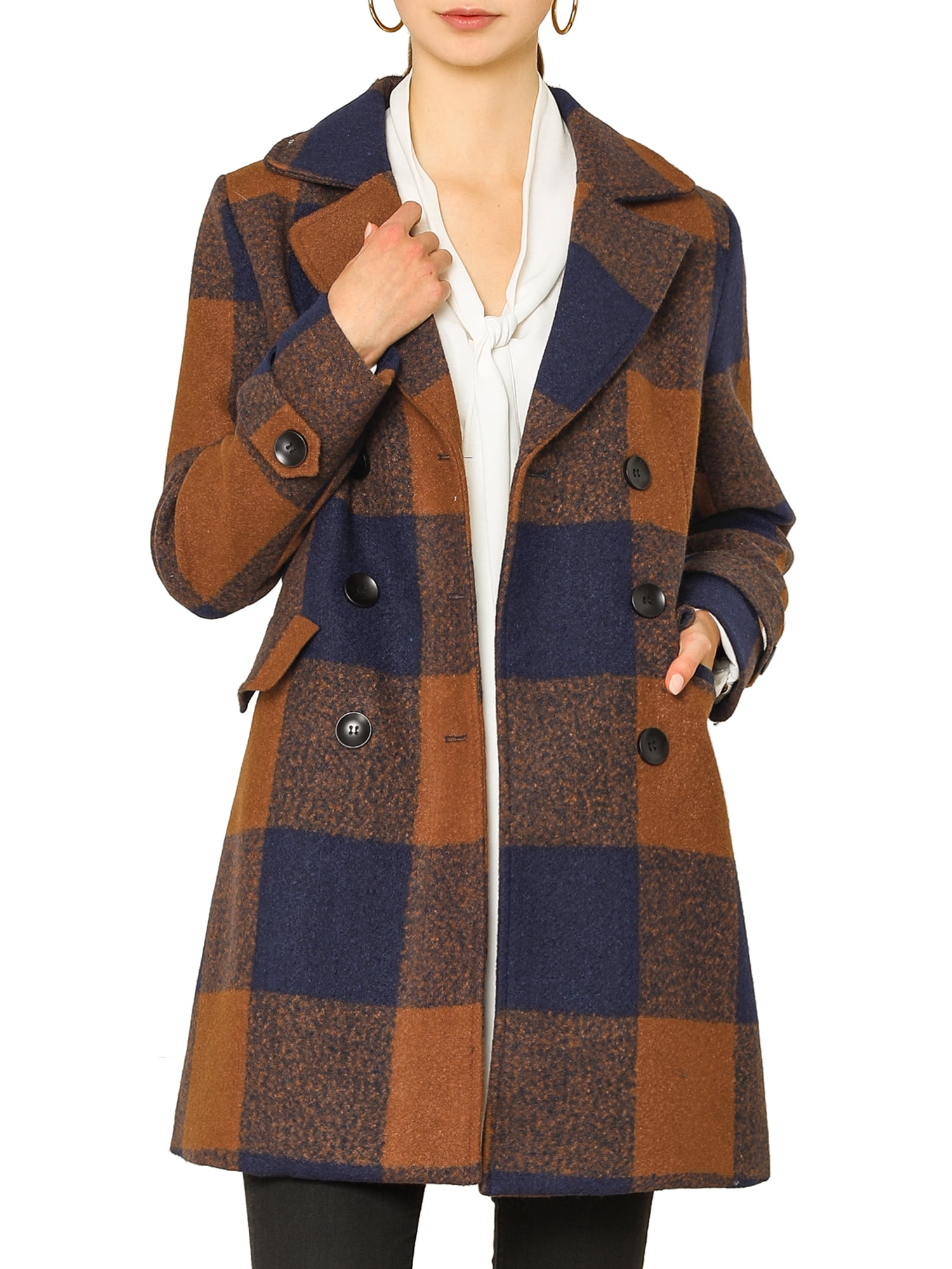 INSPIRE CHIC Manteau à Carreaux à Double Boutonnage à Manches Longues avec Col Cranté pour Femmes m Marron