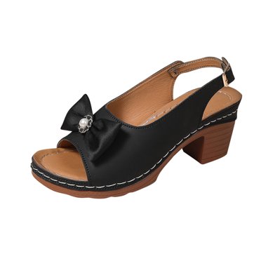 Slingback Heels for Women Block Heel Adjustable Buckle Strap Hollow out Pearl Bow Decor Casual Summer Sandals Black