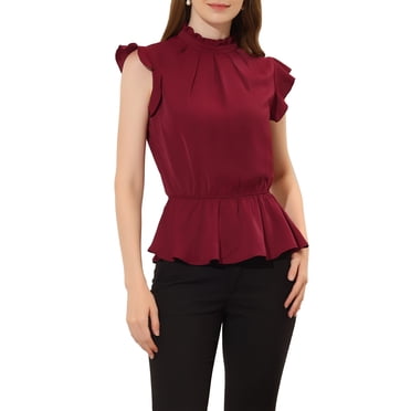 INSPIRE CHIC Women Ruffle Sleeve Pleated Frill Collar Peplum Top Burgundy S